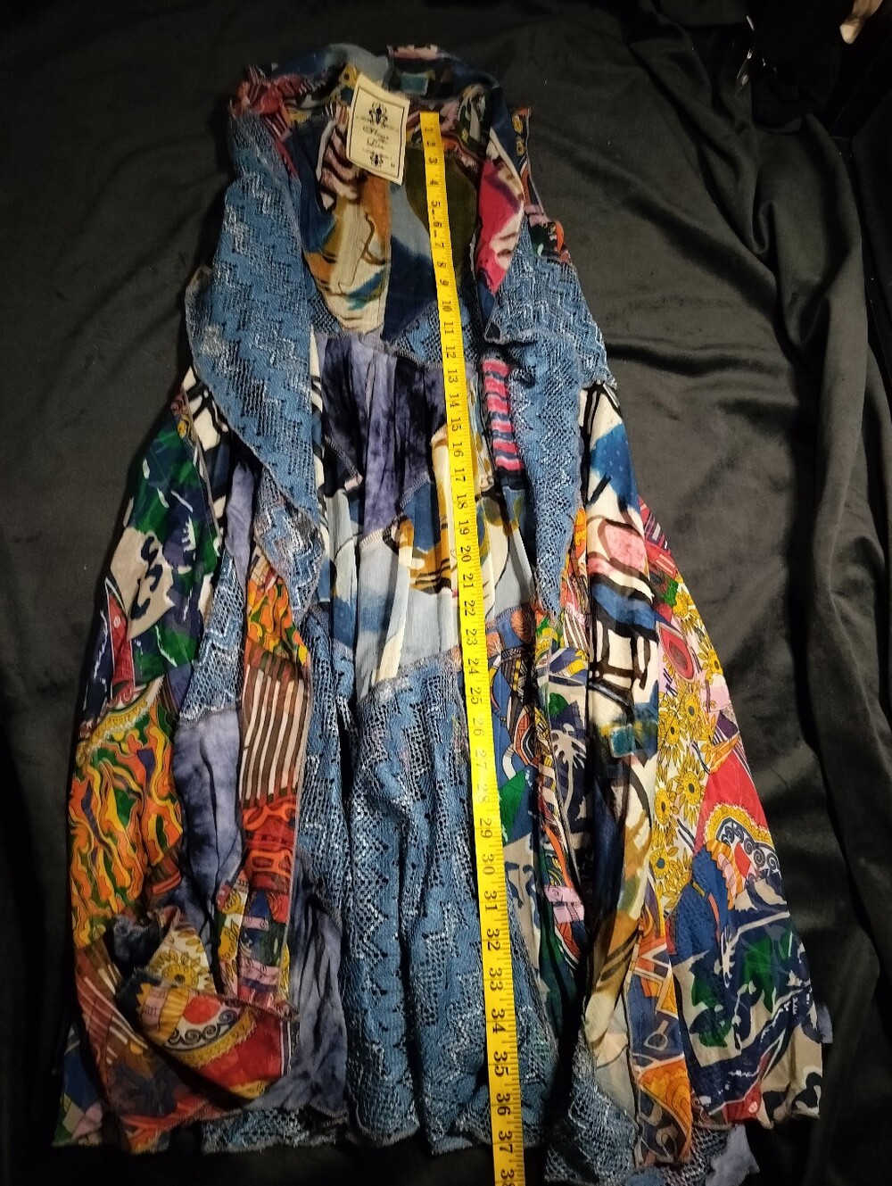 EUC Fleur De Lis Boho Bohemian Patchwork Maxi Long Vest Blue Accents Medium - Picture 7 of 8